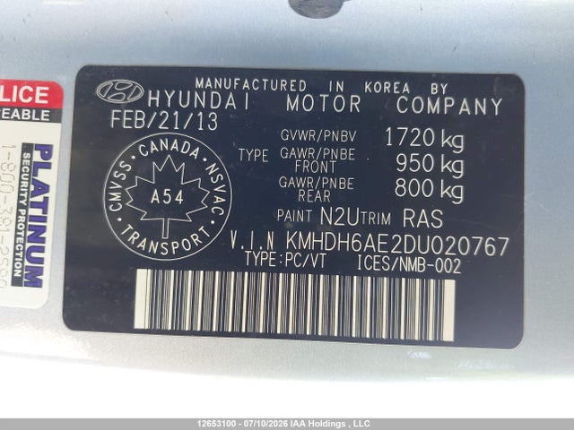 2013 Hyundai Elantra Gls მანქანა იყიდება აუქციონზე, vin: KMHDH6AE2DU020767, აუქციონის ნომერი: 12653100