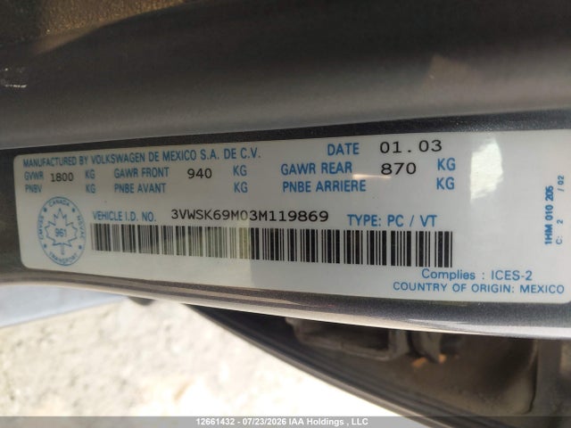 Aukcja sprzedaży 2003 Volkswagen Jetta Gls 2.0l, vin: 3VWSK69M03M119869, numer aukcji: 12661432