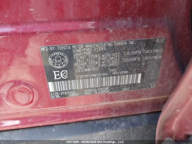 2T3D1RFV4MW170904 Toyota Rav4 Limited