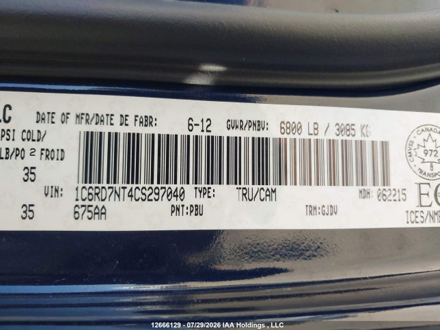 Продажа на аукционе авто 2012 Ram 1500 Laramie, vin: 1C6RD7NT4CS297040, номер лота: 12666129
