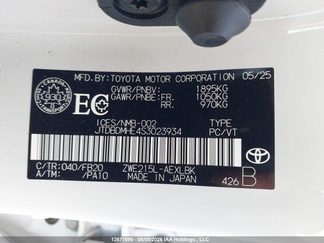 12671890 :رقم المزاد ، JTDBDMHE4S3023934 vin ، 2025 Toyota Corolla Hybrid Le مزاد بيع