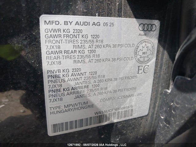 Продажа на аукционе авто 2025 Audi Q3, vin: WA1AUCF36S1091875, номер лота: 12671892