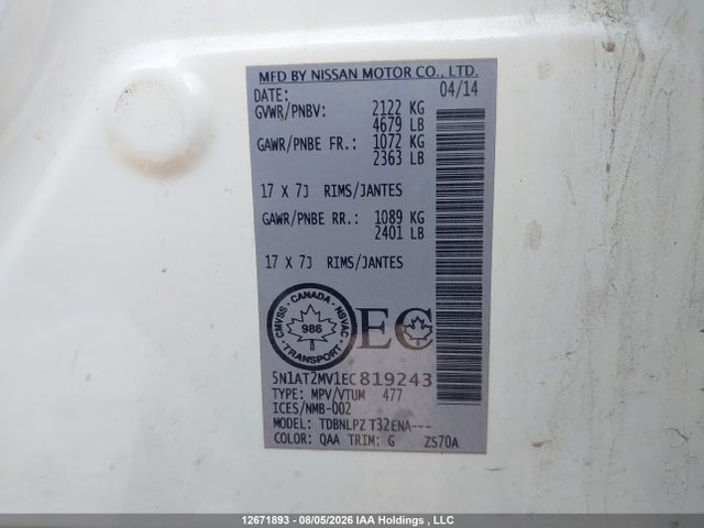 5N1AT2MV1EC819243 Nissan Rogue S/sl/sv