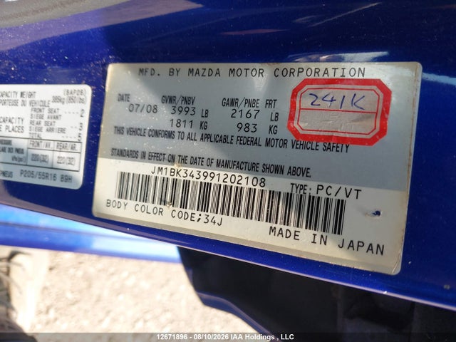 2009 Mazda Mazda3 Gs/gt მანქანა იყიდება აუქციონზე, vin: JM1BK343991202108, აუქციონის ნომერი: 12671896