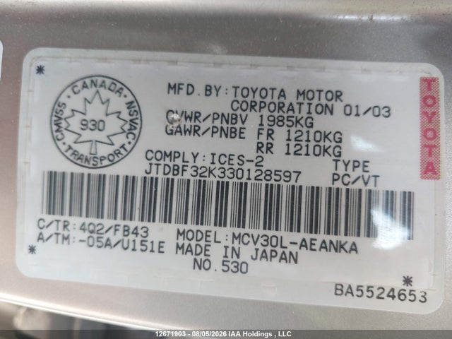 12671903 :رقم المزاد ، JTDBF32K330128597 vin ، 2003 Toyota Camry Le/xle مزاد بيع