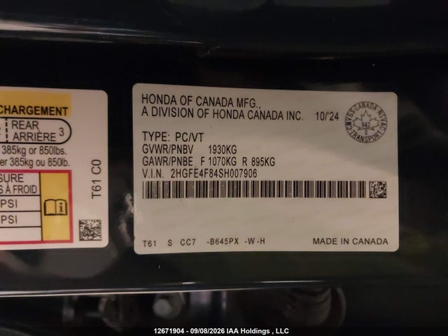 12671904 :رقم المزاد ، 2HGFE4F84SH007906 vin ، 2025 Honda Civic Sport/sport Touring مزاد بيع