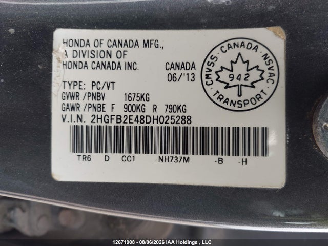 Aukcja sprzedaży 2013 Honda Civic Lx, vin: 2HGFB2E48DH025288, numer aukcji: 12671908