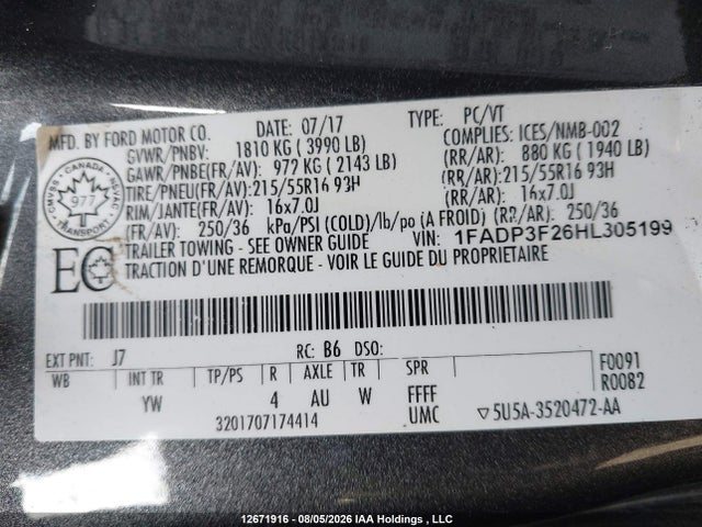 12671916 :رقم المزاد ، 1FADP3F26HL305199 vin ، 2017 Ford Focus Se مزاد بيع