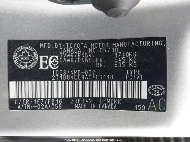 Продажа на аукционе авто 2010 Toyota Corolla Ce, vin: 2T1BU4EE8AC406110, номер лота: 12671919