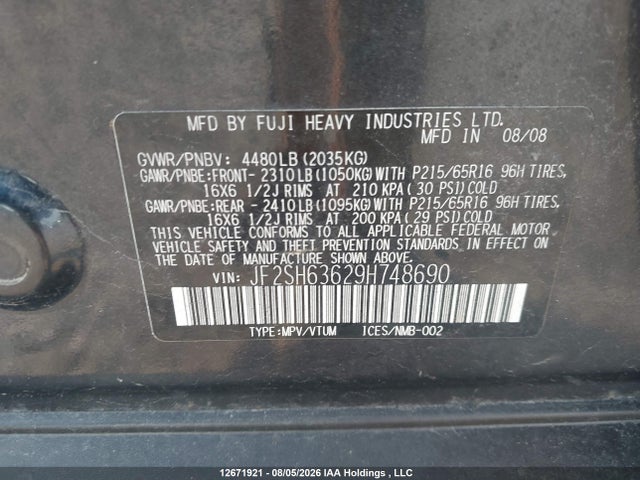 Продаж на аукціоні авто 2009 Subaru Forester 2.5x, vin: JF2SH63629H748690, номер лоту: 12671921