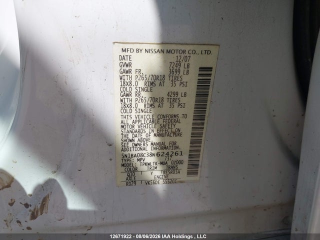 Aukcja sprzedaży 2008 Nissan Armada Se, vin: 5N1BA08C38N624261, numer aukcji: 12671922