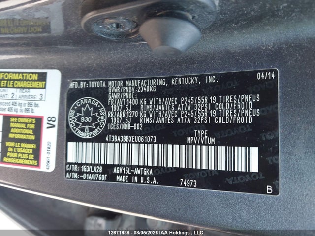 4T3BA3BBXEU061073 Toyota Venza Le/xle