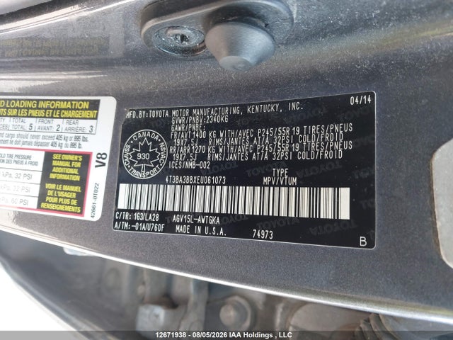 4T3BA3BBXEU061073 Toyota Venza Le/xle