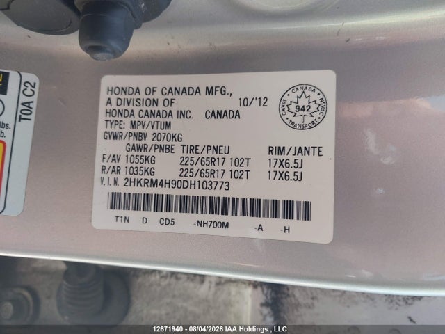 12671940 :رقم المزاد ، 2HKRM4H90DH103773 vin ، 2013 Honda Cr-v مزاد بيع