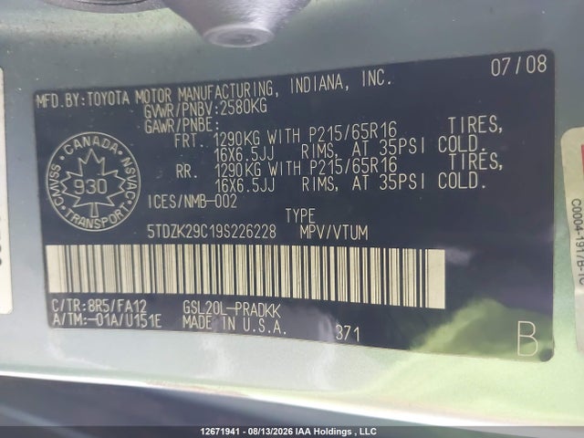 2009 Toyota Sienna მანქანა იყიდება აუქციონზე, vin: 5TDZK29C19S226228, აუქციონის ნომერი: 12671941