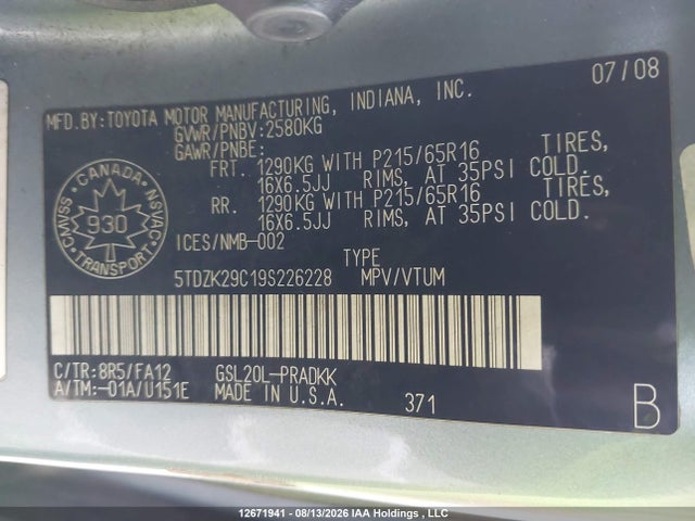 2009 Toyota Sienna მანქანა იყიდება აუქციონზე, vin: 5TDZK29C19S226228, აუქციონის ნომერი: 12671941