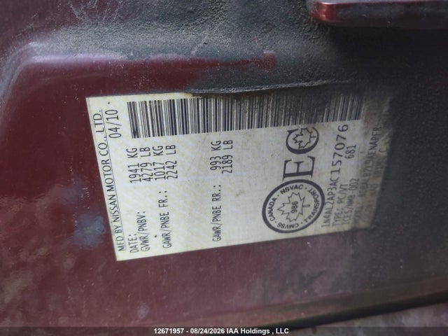12671957 :رقم المزاد ، 1N4AL2AP3AC157076 vin ، 2010 Nissan Altima 2.5 S مزاد بيع