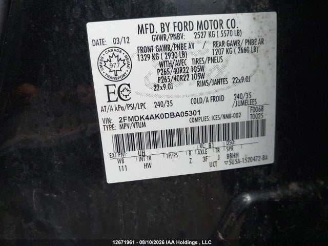 2013 Ford Edge Sport მანქანა იყიდება აუქციონზე, vin: 2FMDK4AK0DBA05301, აუქციონის ნომერი: 12671961