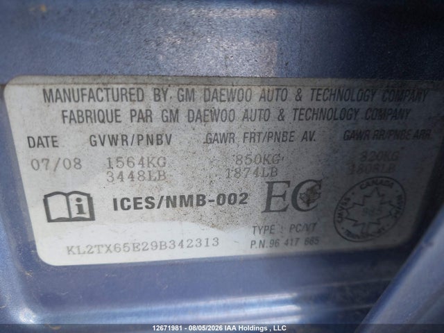 Aukcja sprzedaży 2009 Pontiac G3 Wave, vin: KL2TX65E29B342313, numer aukcji: 12671981