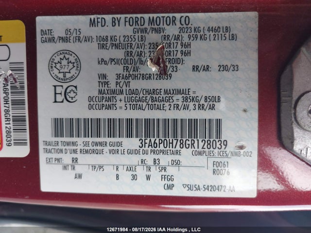 Продажа на аукционе авто 2016 Ford Fusion Se, vin: 3FA6P0H78GR128039, номер лота: 12671984