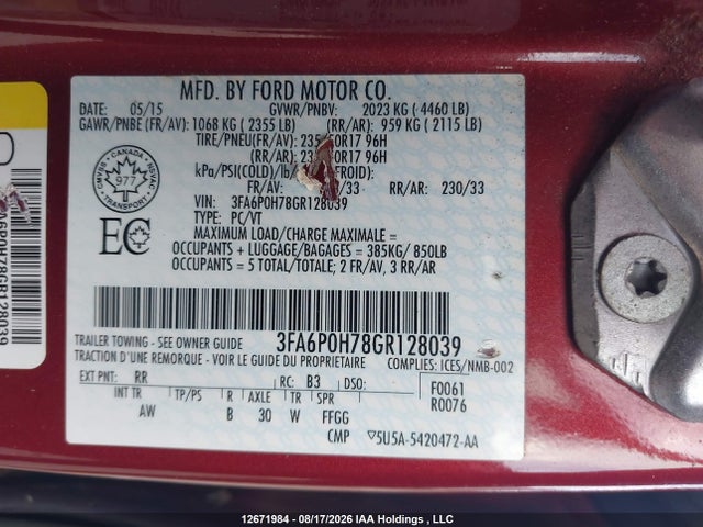 Продажа на аукционе авто 2016 Ford Fusion Se, vin: 3FA6P0H78GR128039, номер лота: 12671984