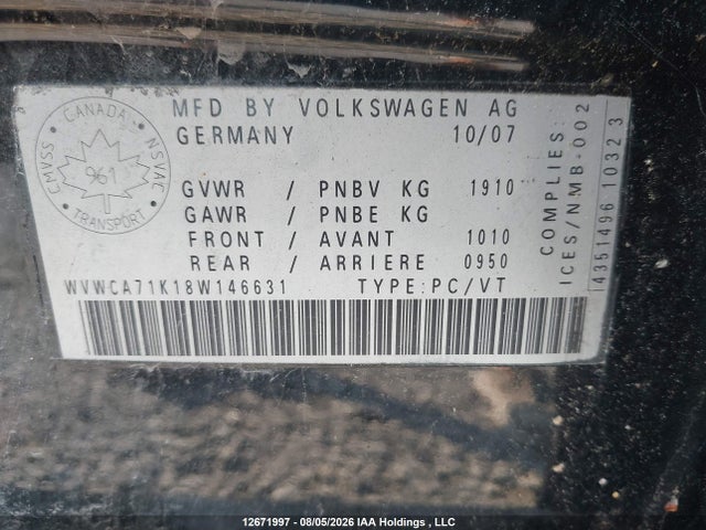 Продаж на аукціоні авто 2008 Volkswagen Rabbit, vin: WVWCA71K18W146631, номер лоту: 12671997