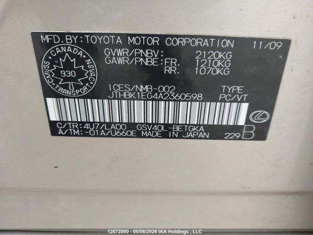 Продаж на аукціоні авто 2010 Lexus Es 350 350, vin: JTHBK1EG4A2360598, номер лоту: 12672000