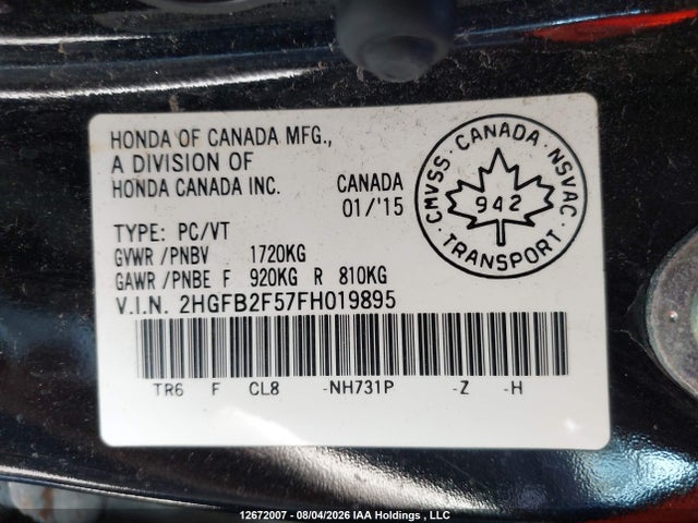 Honda Civic Lx 2015 2HGFB2F57FH019895 Image 9