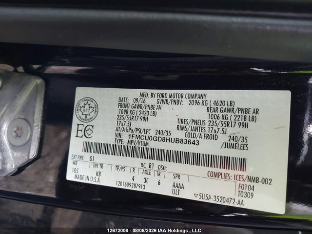 2017 Ford Escape Se მანქანა იყიდება აუქციონზე, vin: 1FMCU0GD8HUB83643, აუქციონის ნომერი: 12672008