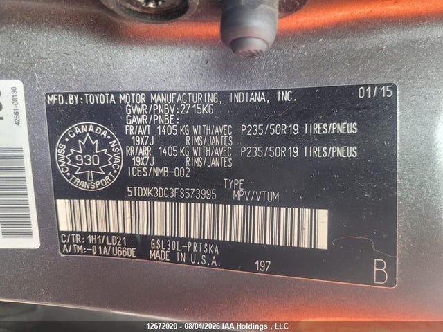 Продаж на аукціоні авто 2015 Toyota Sienna Sport, vin: 5TDXK3DC3FS573995, номер лоту: 12672020