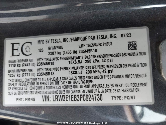 Tesla MODEL 3 2023 LRW3E1EB3PC924730 Image 9