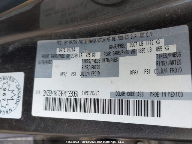 12672023 :رقم المزاد ، 3MZBM1K73FM133061 vin ، 2015 Mazda 3 Sport مزاد بيع