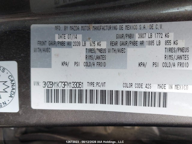 12672023 :رقم المزاد ، 3MZBM1K73FM133061 vin ، 2015 Mazda 3 Sport مزاد بيع