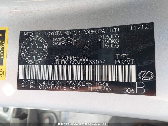 12672027 :رقم المزاد ، JTHBK1GGXD2033107 vin ، 2013 Lexus Es 350 350 مزاد بيع