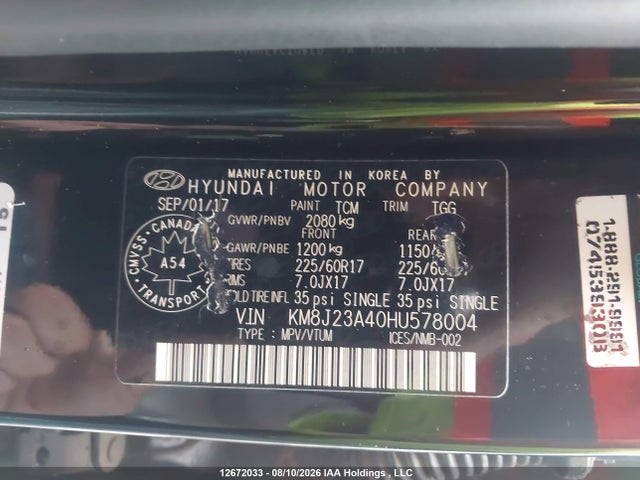 2017 Hyundai Tucson Se მანქანა იყიდება აუქციონზე, vin: KM8J23A40HU578004, აუქციონის ნომერი: 12672033