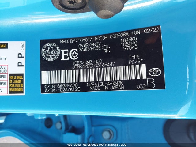 2022 Toyota Corolla მანქანა იყიდება აუქციონზე, vin: JTNK4MBE0N3165447, აუქციონის ნომერი: 12672042