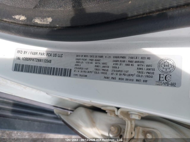 2022 Ram 1500 Longhorn მანქანა იყიდება აუქციონზე, vin: 1C6SRFKT2NN112048, აუქციონის ნომერი: 12672043