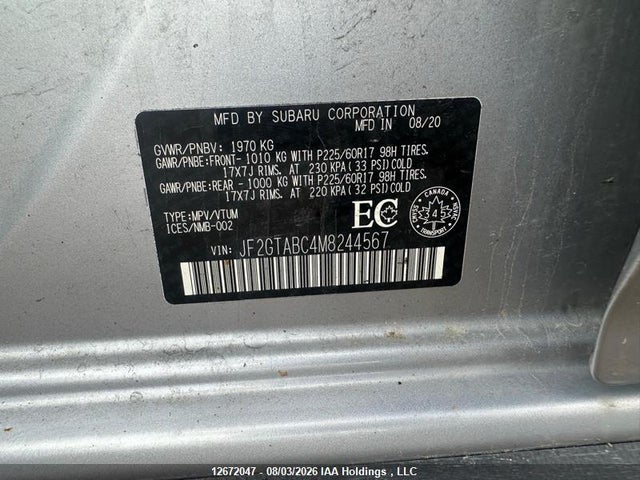 Auction sale of the 2021 Subaru Crosstrek, vin: JF2GTABC4M8244567, lot number: 12672047