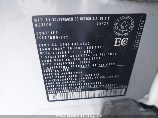 Aukcja sprzedaży 2024 Volkswagen Taos, vin: 3VVUX7B29RM090703, numer aukcji: 12672048