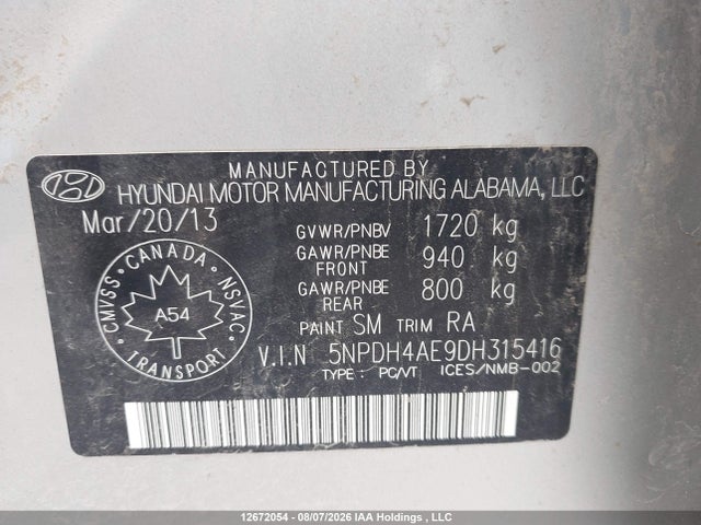 12672054 :رقم المزاد ، 5NPDH4AE9DH315416 vin ، 2013 Hyundai Elantra مزاد بيع
