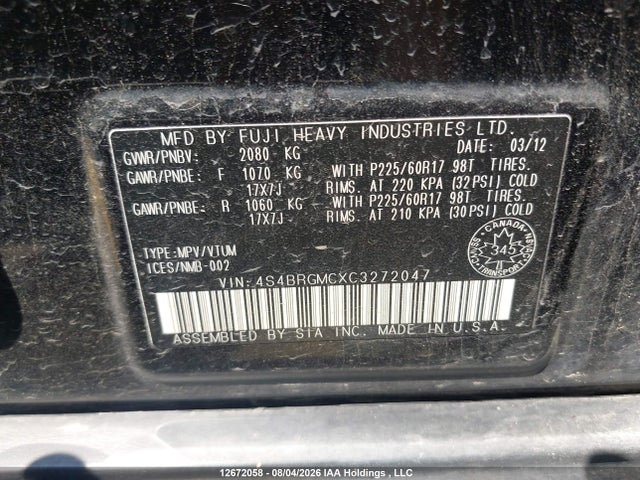12672058 :رقم المزاد ، 4S4BRGMCXC3272047 vin ، 2012 Subaru Outback 2.5i Limited Package مزاد بيع