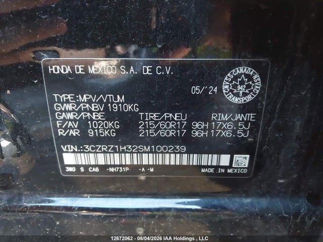 3CZRZ1H32SM100239 Honda HR-V LX