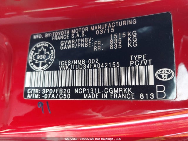 Продаж на аукціоні авто 2015 Toyota Yaris Ce, vin: VNKJTUD34FA042155, номер лоту: 12672066