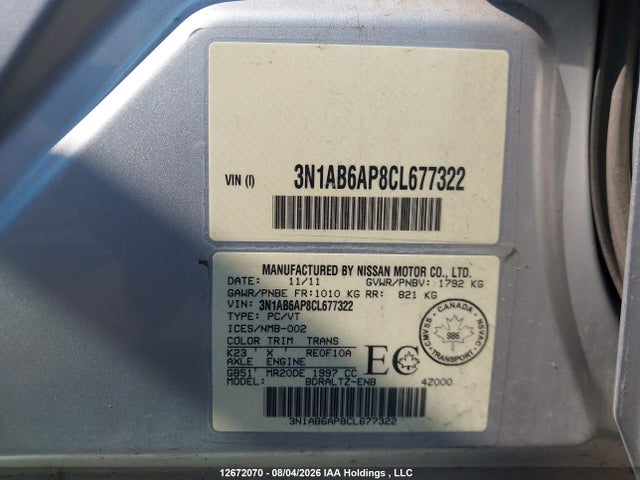 12672070 :رقم المزاد ، 3N1AB6AP8CL677322 vin ، 2012 Nissan Sentra 2.0 S مزاد بيع