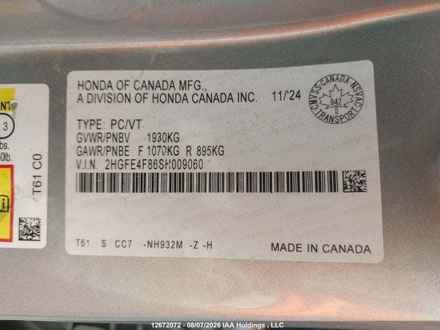 Продажа на аукционе авто 2025 Honda Civic Sport Hybrid/sport Touring Hybrid, vin: 2HGFE4F86SH009060, номер лота: 12672072