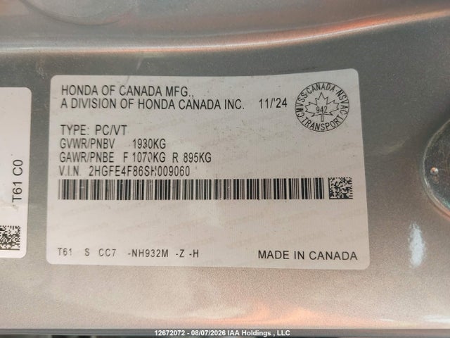 Продажа на аукционе авто 2025 Honda Civic Sport Hybrid/sport Touring Hybrid, vin: 2HGFE4F86SH009060, номер лота: 12672072