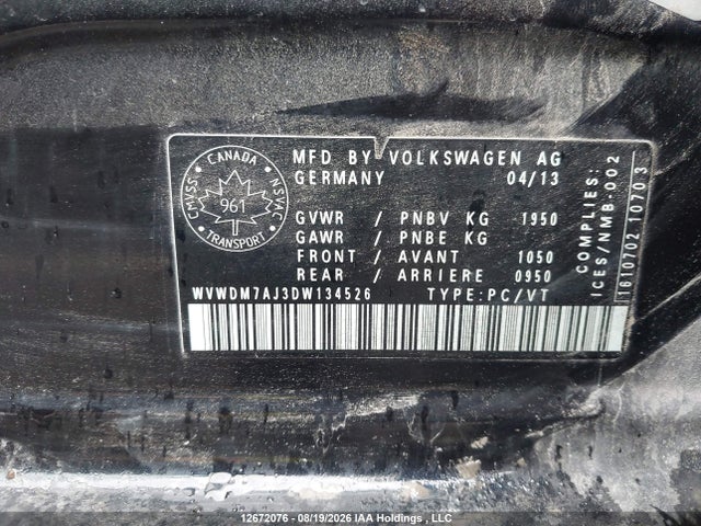 12672076 :رقم المزاد ، WVWDM7AJ3DW134526 vin ، 2013 Volkswagen Golf مزاد بيع