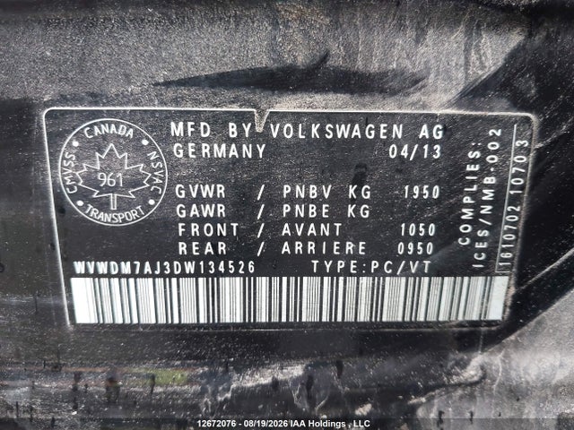 12672076 :رقم المزاد ، WVWDM7AJ3DW134526 vin ، 2013 Volkswagen Golf مزاد بيع