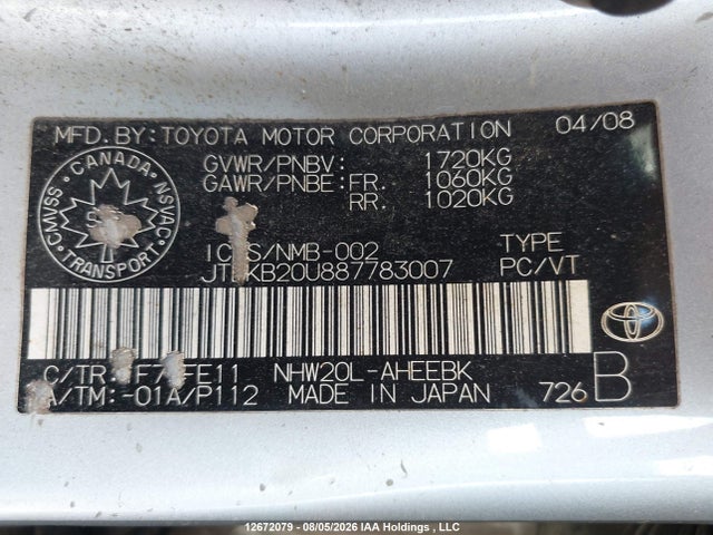 2008 Toyota Prius მანქანა იყიდება აუქციონზე, vin: JTDKB20U887783007, აუქციონის ნომერი: 12672079
