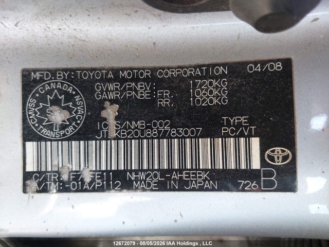 2008 Toyota Prius მანქანა იყიდება აუქციონზე, vin: JTDKB20U887783007, აუქციონის ნომერი: 12672079